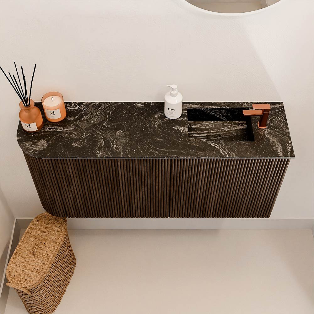 Mondiaz Toiletmeubel Joya Dlux Walnut - 91.6 cm - Wastafel FAYE Lava - 1 kraangat - Solid Surface - Met spoelbak Rechts - Afbeelding 3