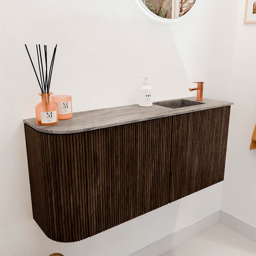 Mondiaz Toiletmeubel Joya Dlux Walnut - 91.6 cm - Wastafel FAYE Oza - 1 kraangat - Solid Surface - Met spoelbak Rechts