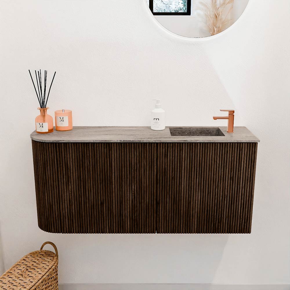Mondiaz Toiletmeubel Joya Dlux Walnut - 91.6 cm - Wastafel FAYE Oza - 1 kraangat - Solid Surface - Met spoelbak Rechts - Afbeelding 2