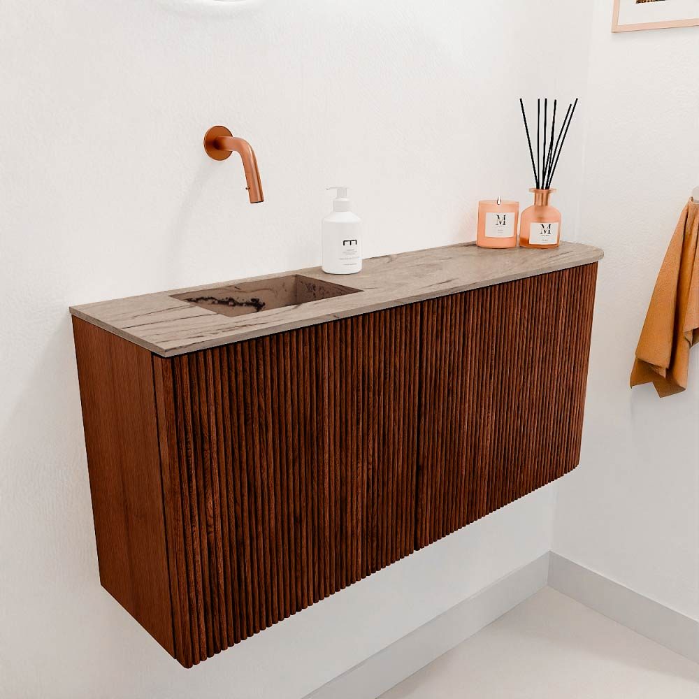 Mondiaz Toiletmeubel Joya Dlux Ruby - 91.6 cm - Wastafel FAYE Arena - Zonder kraangat(en) - Solid Surface - Met spoelbak Links