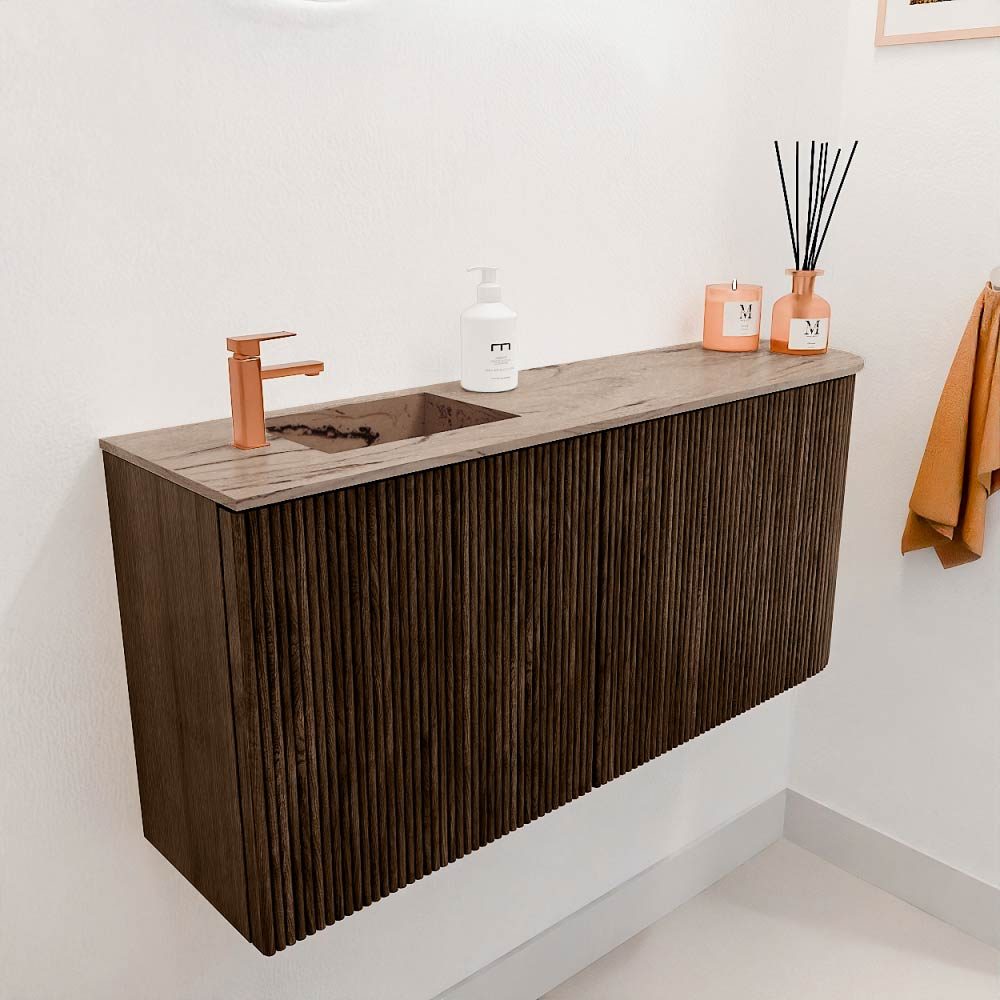 Mondiaz Toiletmeubel Joya Dlux Walnut - 91.6 cm - Wastafel FAYE Arena - 1 kraangat - Solid Surface - Met spoelbak Links
