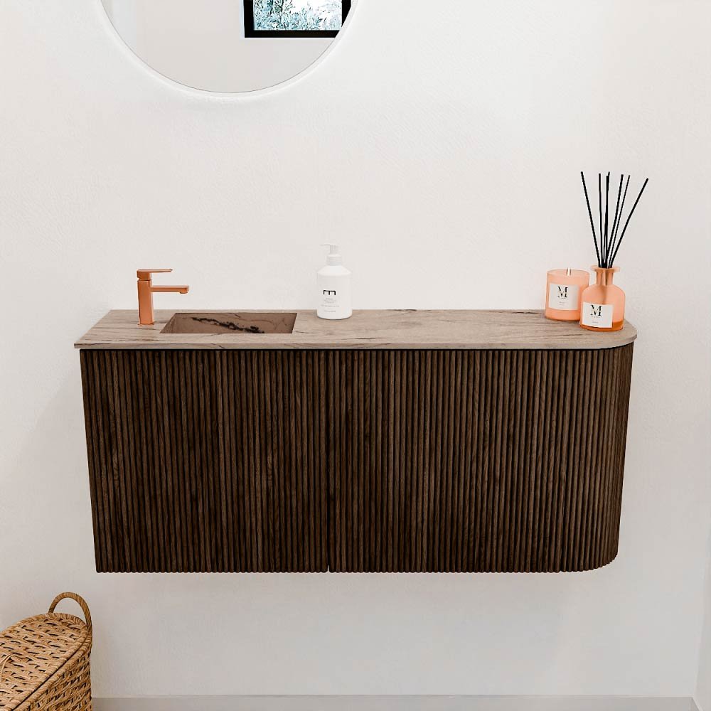 Mondiaz Toiletmeubel Joya Dlux Walnut - 91.6 cm - Wastafel FAYE Arena - 1 kraangat - Solid Surface - Met spoelbak Links - Afbeelding 2
