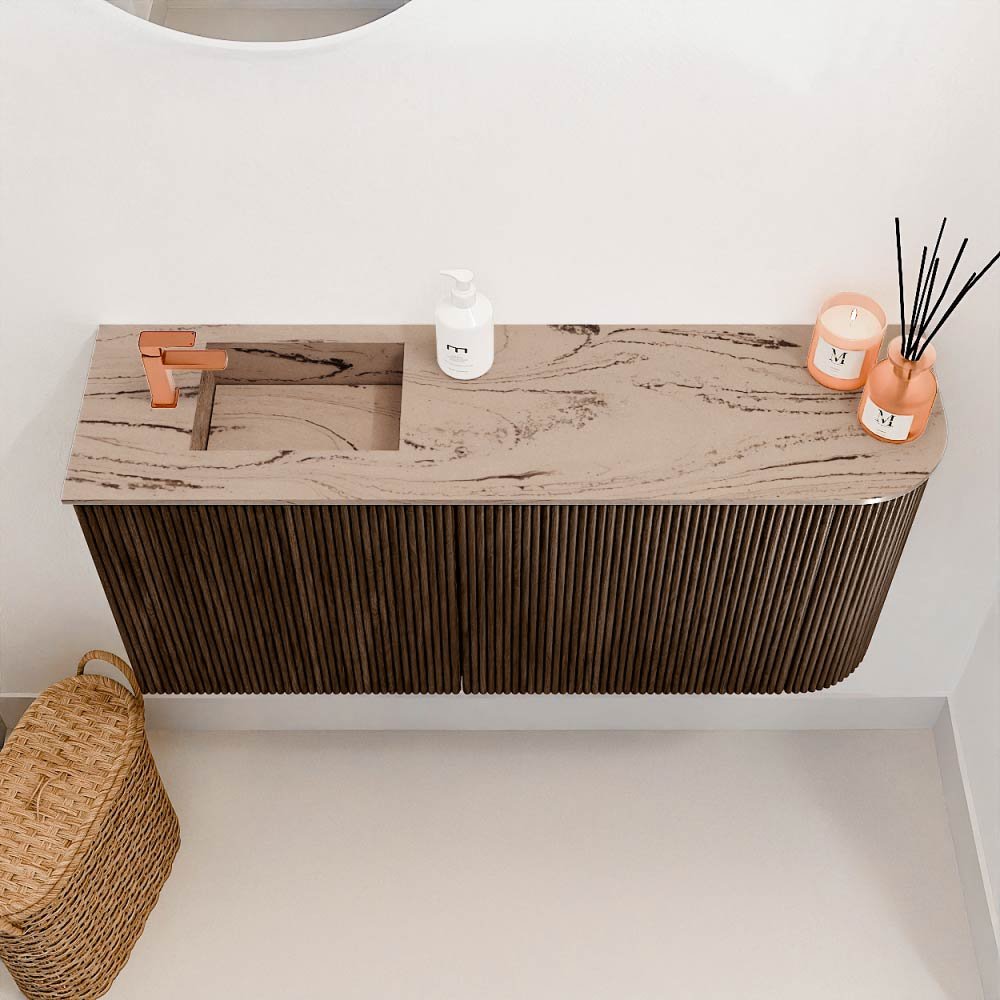 Mondiaz Toiletmeubel Joya Dlux Walnut - 91.6 cm - Wastafel FAYE Arena - 1 kraangat - Solid Surface - Met spoelbak Links - Afbeelding 3