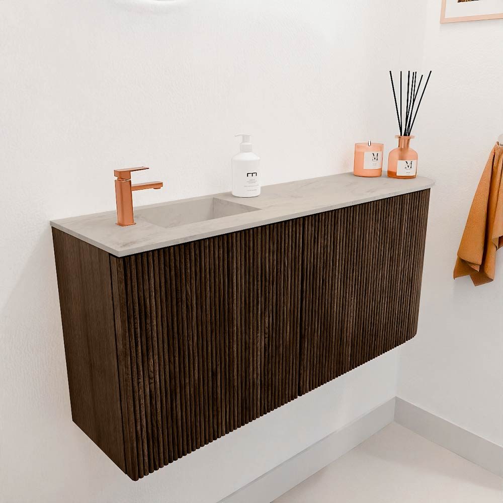 Mondiaz Toiletmeubel Joya Dlux Walnut - 91.6 cm - Wastafel FAYE Opalo - 1 kraangat - Solid Surface - Met spoelbak Links