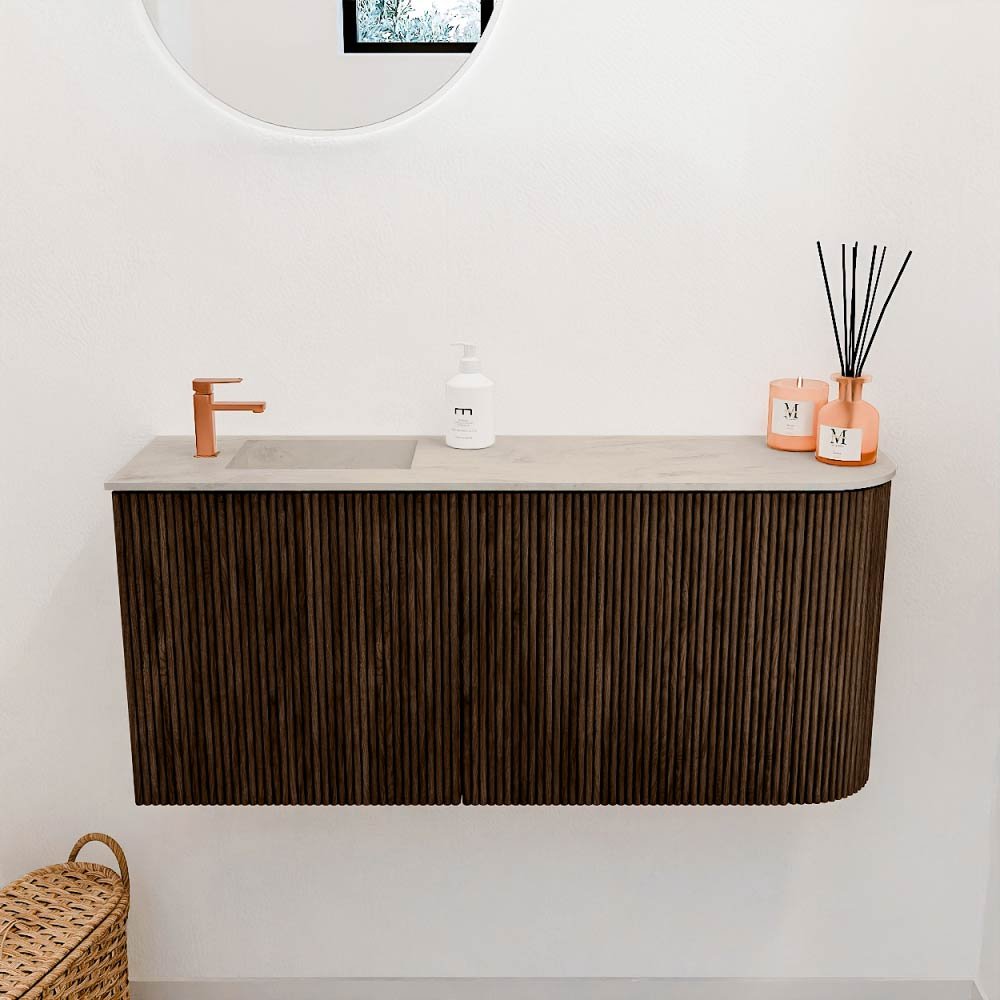 Mondiaz Toiletmeubel Joya Dlux Walnut - 91.6 cm - Wastafel FAYE Opalo - 1 kraangat - Solid Surface - Met spoelbak Links - Afbeelding 2
