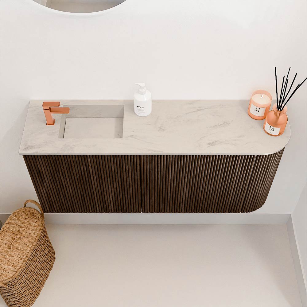 Mondiaz Toiletmeubel Joya Dlux Walnut - 91.6 cm - Wastafel FAYE Opalo - 1 kraangat - Solid Surface - Met spoelbak Links - Afbeelding 3
