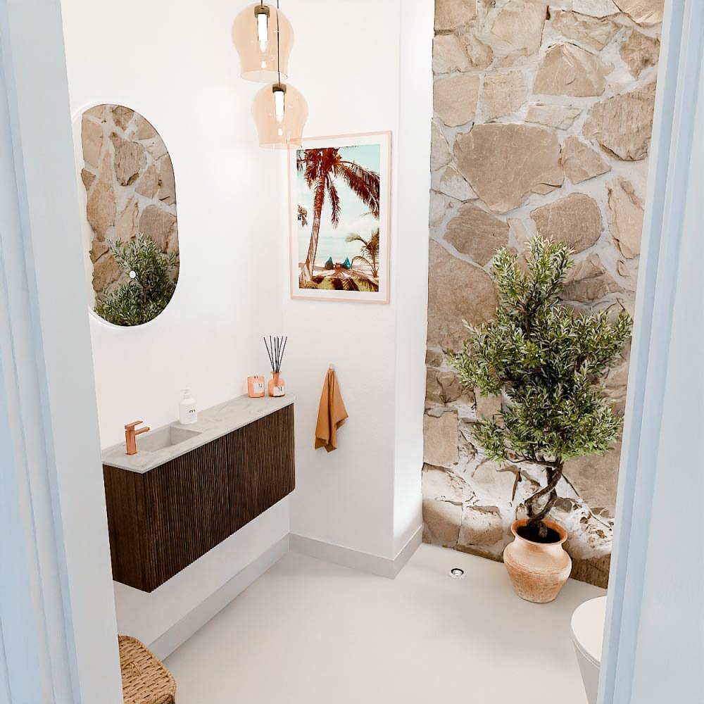Mondiaz Toiletmeubel Joya Dlux Walnut - 91.6 cm - Wastafel FAYE Opalo - 1 kraangat - Solid Surface - Met spoelbak Links - Afbeelding 5