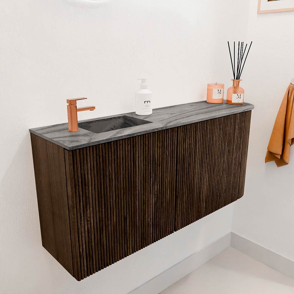 Mondiaz Toiletmeubel Joya Dlux Walnut - 91.6 cm - Wastafel FAYE Sombra - 1 kraangat - Solid Surface - Met spoelbak Links