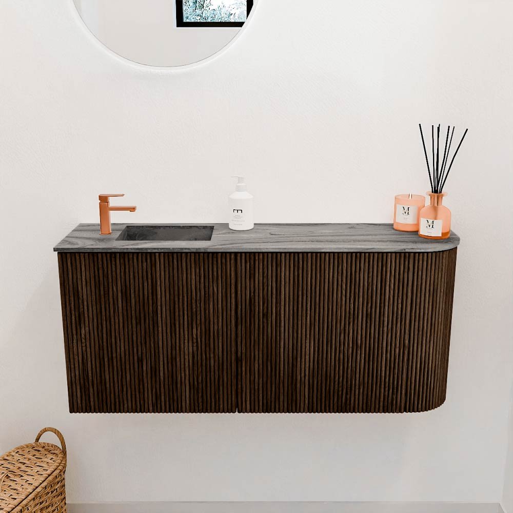 Mondiaz Toiletmeubel Joya Dlux Walnut - 91.6 cm - Wastafel FAYE Sombra - 1 kraangat - Solid Surface - Met spoelbak Links - Afbeelding 2