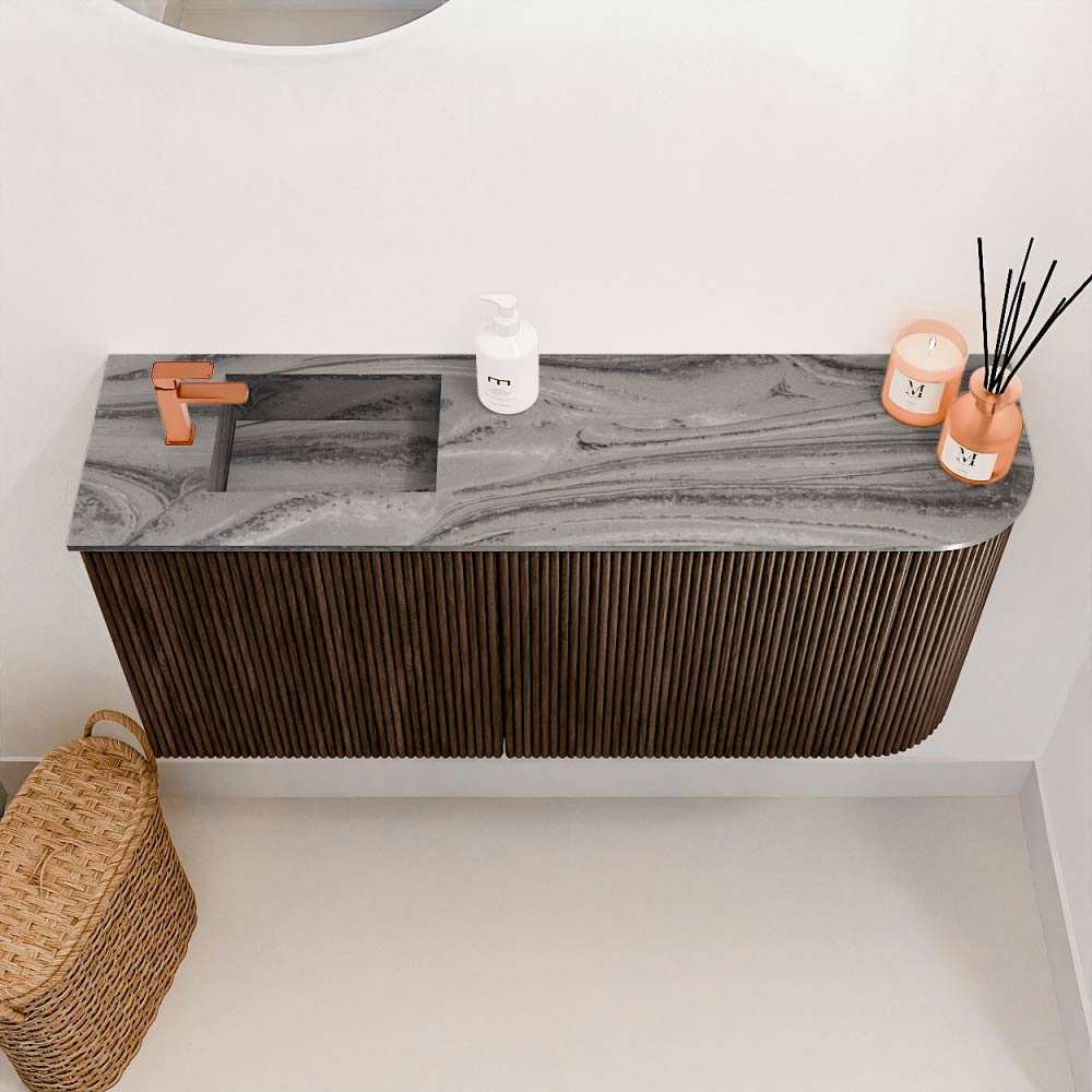 Mondiaz Toiletmeubel Joya Dlux Walnut - 91.6 cm - Wastafel FAYE Sombra - 1 kraangat - Solid Surface - Met spoelbak Links - Afbeelding 3