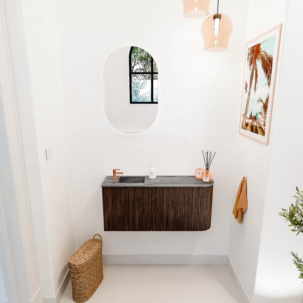 Mondiaz Toiletmeubel Joya Dlux Walnut - 91.6 cm - Wastafel FAYE Sombra - 1 kraangat - Solid Surface - Met spoelbak Links - Afbeelding 4