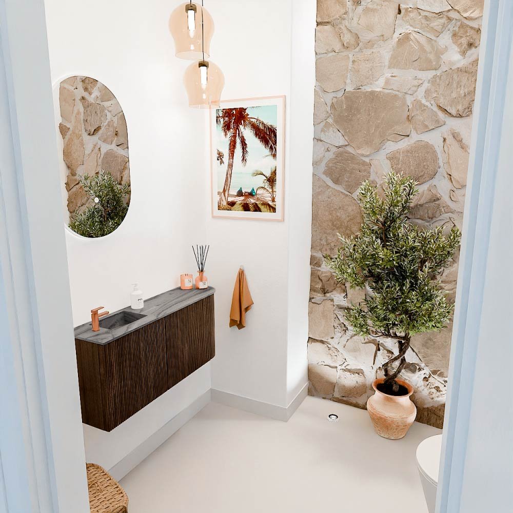 Mondiaz Toiletmeubel Joya Dlux Walnut - 91.6 cm - Wastafel FAYE Sombra - 1 kraangat - Solid Surface - Met spoelbak Links - Afbeelding 5