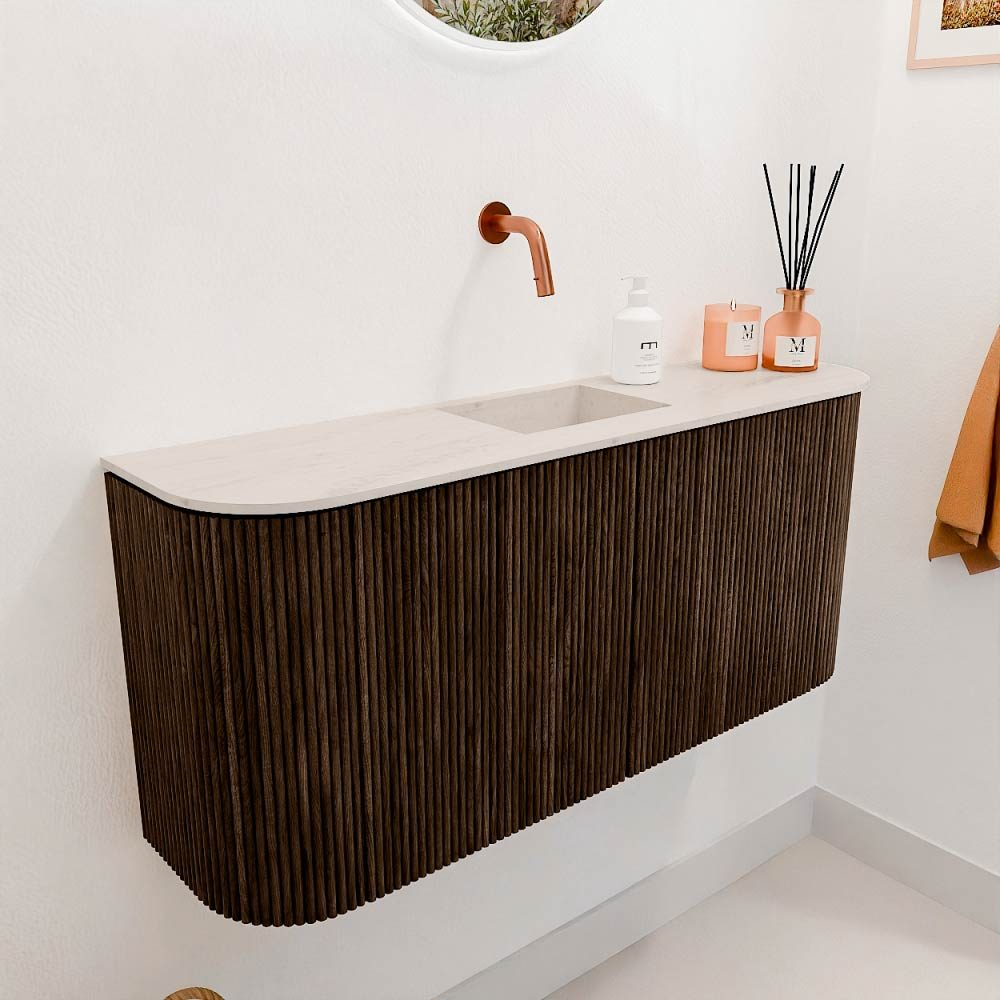 Mondiaz Toiletmeubel Joya Dlux Walnut - 93.2 cm - Wastafel FAYE Meli - Zonder kraangat(en) - Solid Surface - Met spoelbak Midden