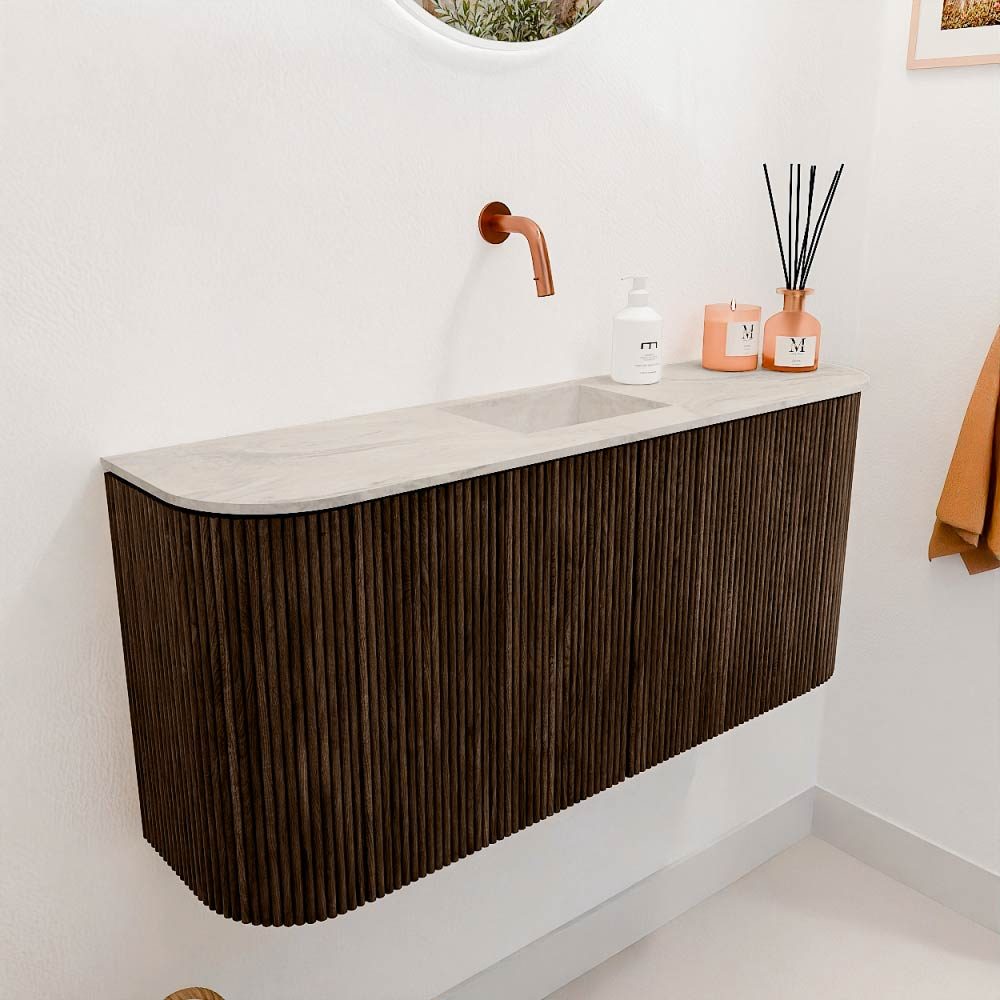 Mondiaz Toiletmeubel Joya Dlux Walnut - 93.2 cm - Wastafel FAYE Ostra - Zonder kraangat(en) - Solid Surface - Met spoelbak Midden