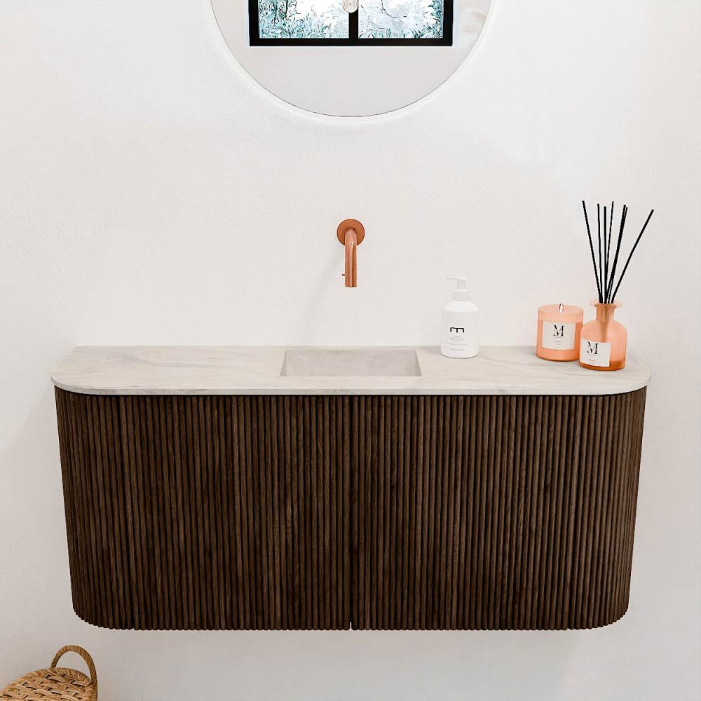 Mondiaz Toiletmeubel Joya Dlux Walnut - 93.2 cm - Wastafel FAYE Ostra - Zonder kraangat(en) - Solid Surface - Met spoelbak Midden - Afbeelding 2