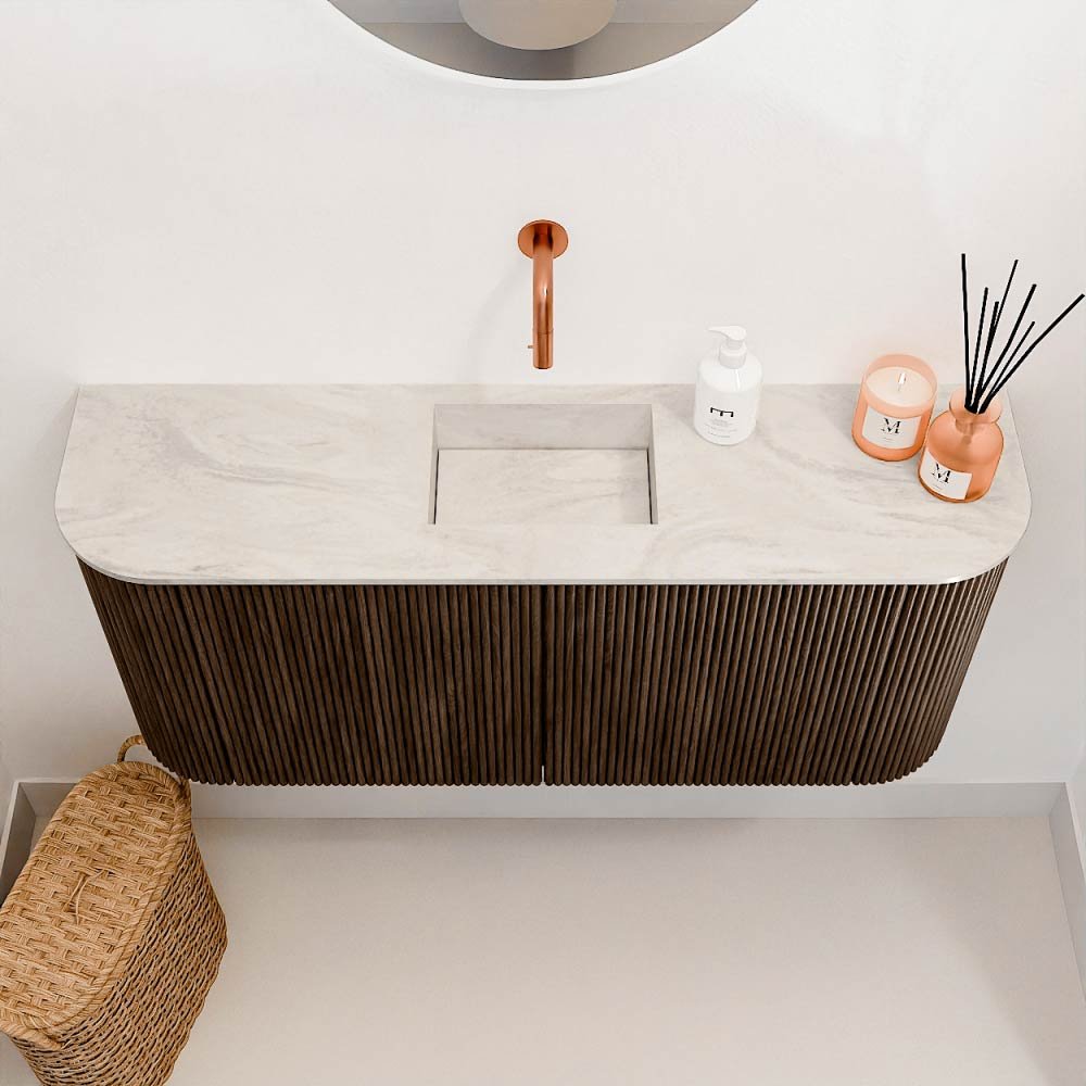 Mondiaz Toiletmeubel Joya Dlux Walnut - 93.2 cm - Wastafel FAYE Ostra - Zonder kraangat(en) - Solid Surface - Met spoelbak Midden - Afbeelding 3