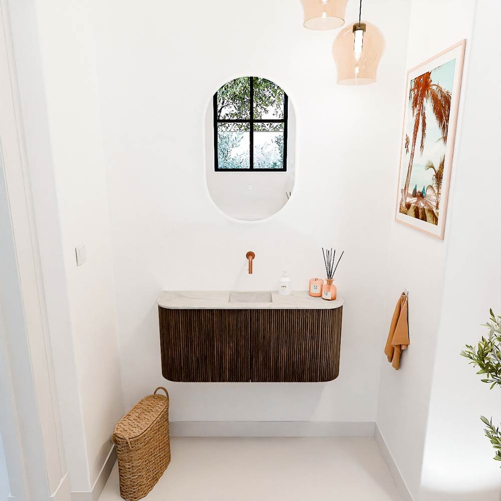 Mondiaz Toiletmeubel Joya Dlux Walnut - 93.2 cm - Wastafel FAYE Ostra - Zonder kraangat(en) - Solid Surface - Met spoelbak Midden - Afbeelding 4