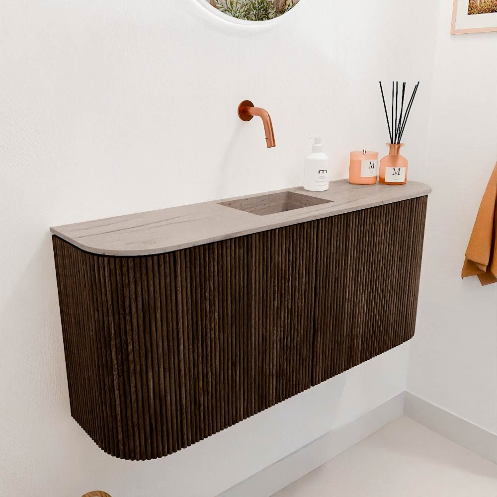 Mondiaz Toiletmeubel Joya Dlux Walnut - 93.2 cm - Wastafel FAYE Saba - Zonder kraangat(en) - Solid Surface - Met spoelbak Midden