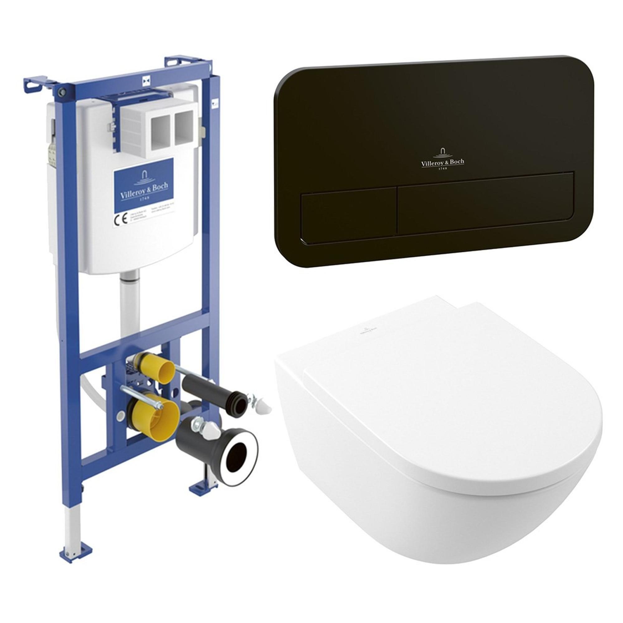 Villeroy & Boch Subway 3.0 Toiletset - zonder spoelrand - diepspoel - inbouwreservoir - twistflush - bedieningsplaat zwart mat - zitting softclose & quickrelease - ceramic+ stone white - 92242700 / 922490AN / 4670T0RW
