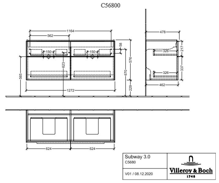 Villeroy & Boch Subway 3.0 wastafelonderkast - 127.2x57.9cm - 4 lades Brilliant white - c56800ve - Afbeelding 10