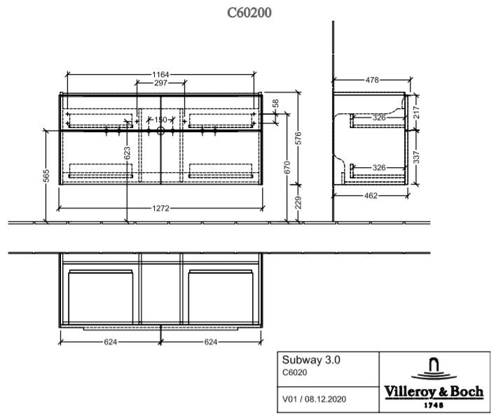 Villeroy & Boch Subway 3.0 wastafelonderkast - 127.2x57.9cm - 4 lades Brilliant white - c60200ve - Afbeelding 10