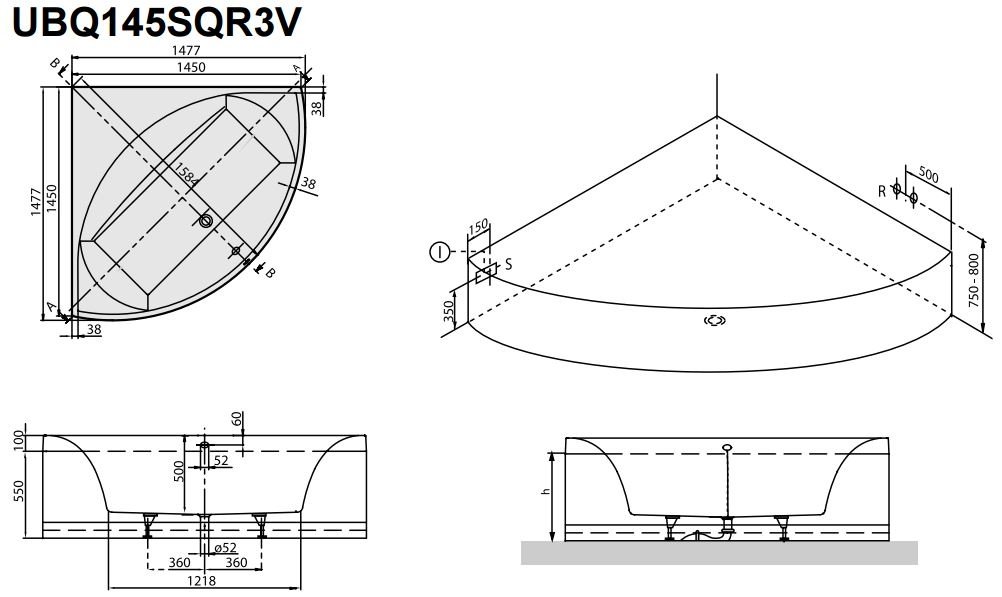 Villeroy & Boch Squaro hoekbad - 145x145cm - quaryl met poten wit - ubq145sqr3v-01 - Afbeelding 4
