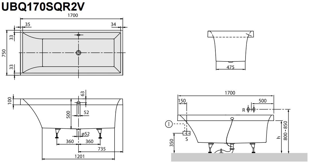 Villeroy & Boch Squaro bad - 170x75cm - quaryl rechthoekig met poten wit - ubq170sqr2v-01 - Afbeelding 10