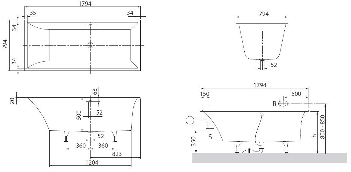 Villeroy & Boch Squaro bad quaryl rechthoekig 179.4x79.4x50cm - Slim Line met poten wit - ubq180sqs2v-01 - Afbeelding 5