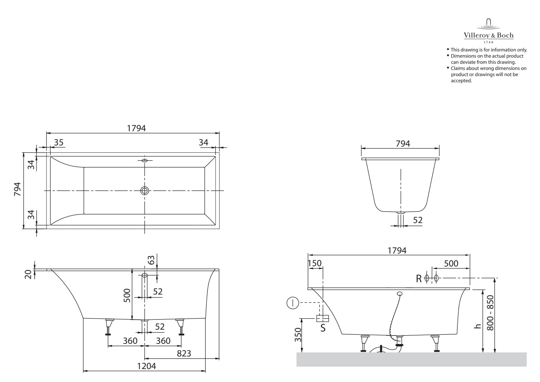 Villeroy & Boch Squaro bad quaryl rechthoekig 179.4x79.4x50cm - Slim Line met poten wit - ubq180sqs2v-01 - Afbeelding 8
