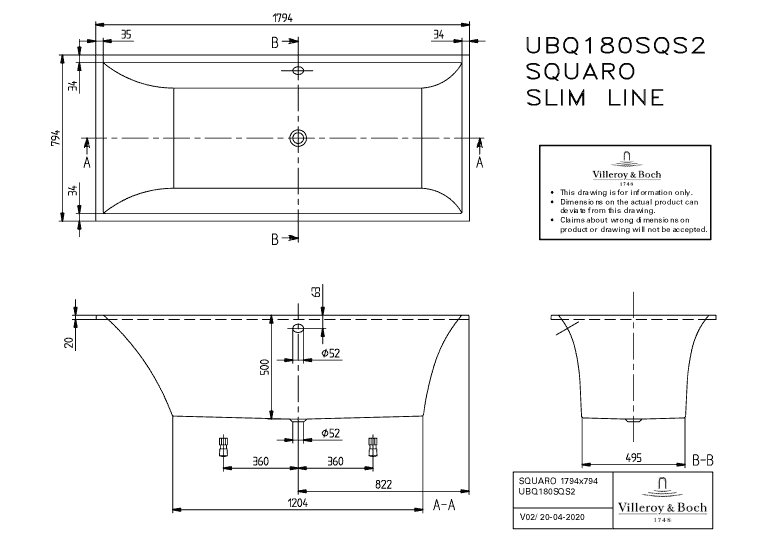 Villeroy & Boch Squaro bad quaryl rechthoekig 179.4x79.4x50cm - Slim Line met poten wit - ubq180sqs2v-01 - Afbeelding 10
