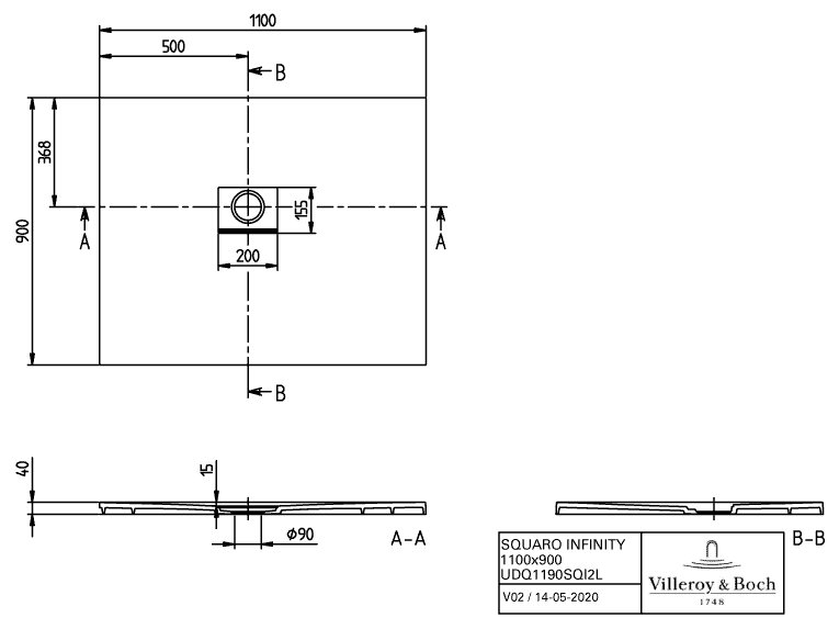 Villeroy & Boch Squaro infinity douchevloer - 110x90cm - grey - udq1190sqi2lv-3s - Afbeelding 8