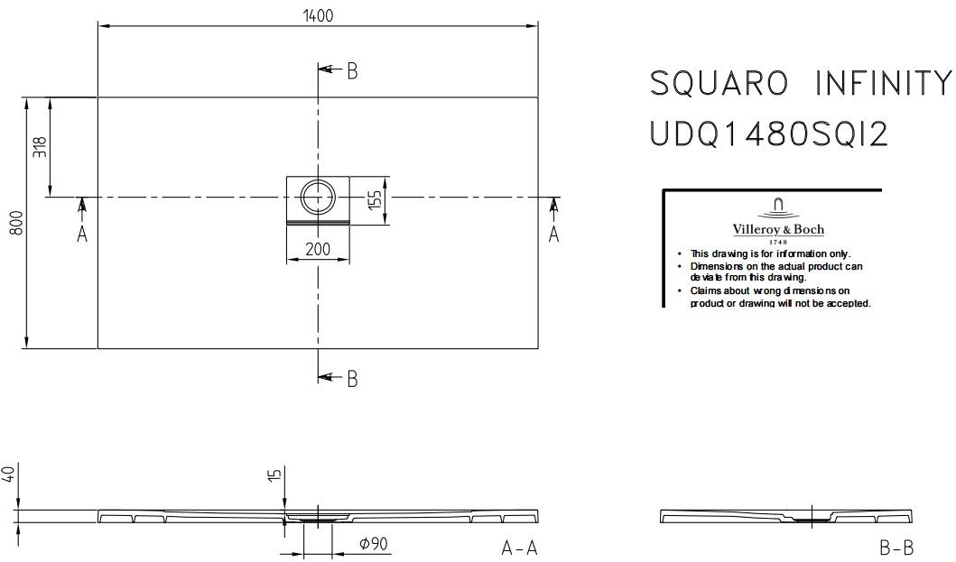 Villeroy & Boch Squaro infinity douchebak - 140x80x4cm - grijs - udq1480sqi2v-3s - Afbeelding 9