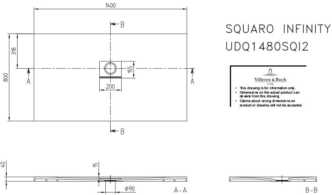 Villeroy & Boch Squaro Infinity kunststof douchebak - quaryl rechthoekig 140x80x4cm - mat wit - udq1480sqi2v-rw - Afbeelding 6