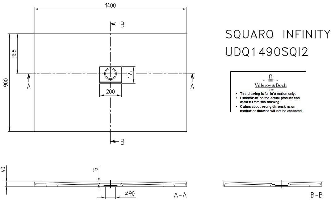 Villeroy & Boch Squaro infinity douchebak - 140x90x4cm - antraciet - udq1490sqi2v-1s - Afbeelding 10