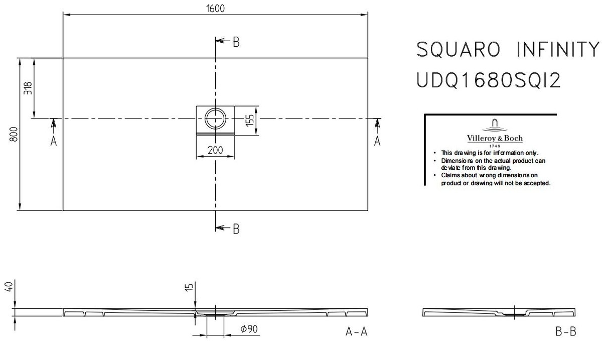 Villeroy & Boch Squaro infinity douchebak - 160x80x4cm - antraciet - udq1680sqi2v-1s - Afbeelding 10