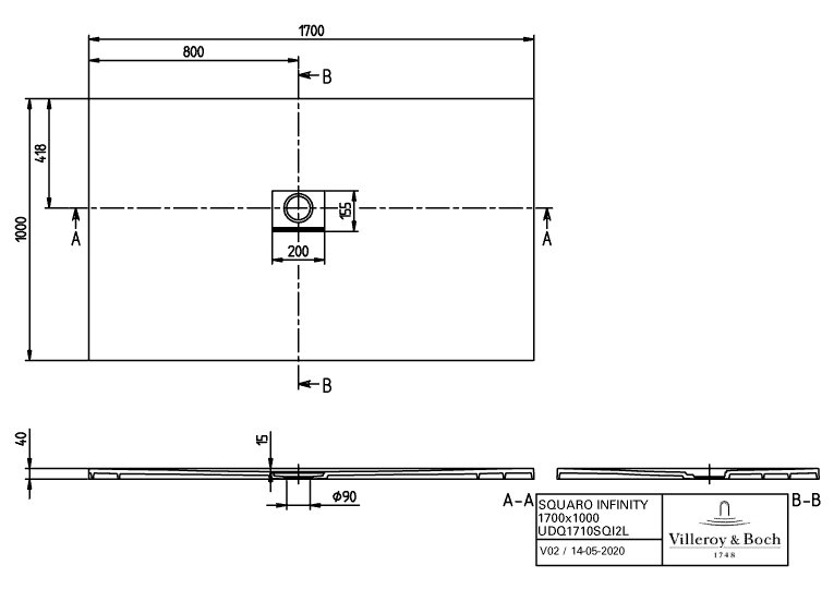Villeroy & Boch Squaro infinity douchevloer - 170x100cm - anthracite - udq1710sqi2lv-1s - Afbeelding 7