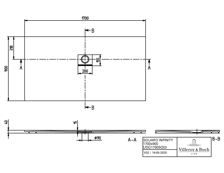 Villeroy & Boch Squaro infinity douchevloer - 170x90cm - stone white - udq1790sqi2iv-rw - Afbeelding 5