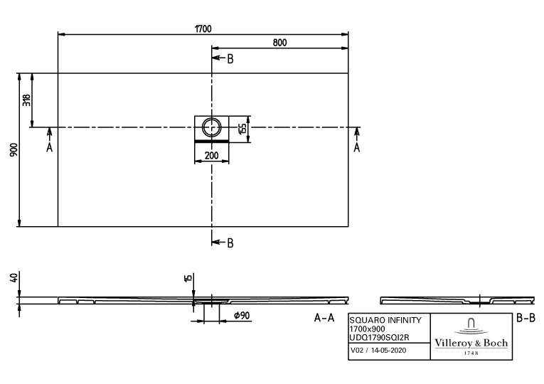 Villeroy & Boch Squaro infinity douchevloer - 170x90cm - stone white - udq1790sqi2rv-rw - Afbeelding 5