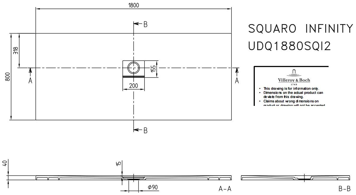 Villeroy & Boch Squaro infinity douchebak - 180x80x4cm - antraciet - udq1880sqi2v-1s - Afbeelding 9