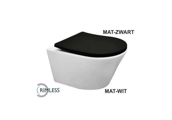 Wiesbaden Wandcloset Wiesbaden Vesta Diepspoel Rimless Mat Wit ( incl. Flatline Zitting Mat Zwart) - 32.6013