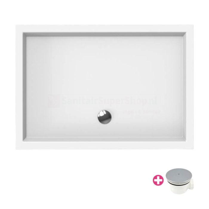 Douchebak Xenz Mariana - 100x75x4 cm - Incl.Afvoersifon-Chroom - Acryl - Rechthoekig - Wit glans - 6979-01